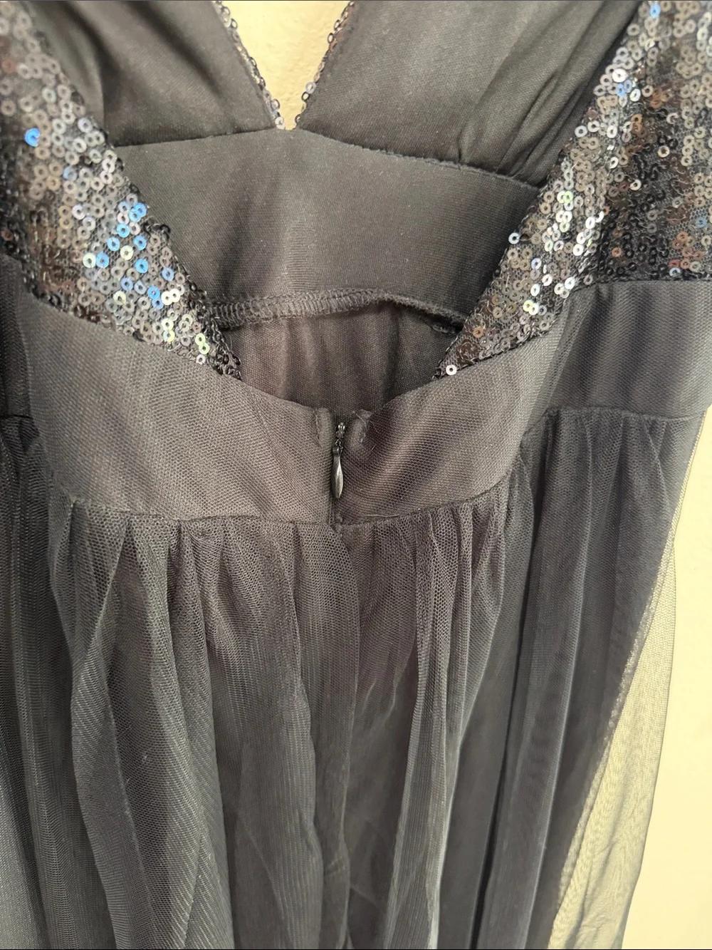 Luxxel Black Sequin V-Neck Mesh Maxi Slip Dress SzS